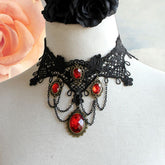 Red Gem Retro Vampire Black Lace Tassel Exaggerated Punk Lolita Necklace